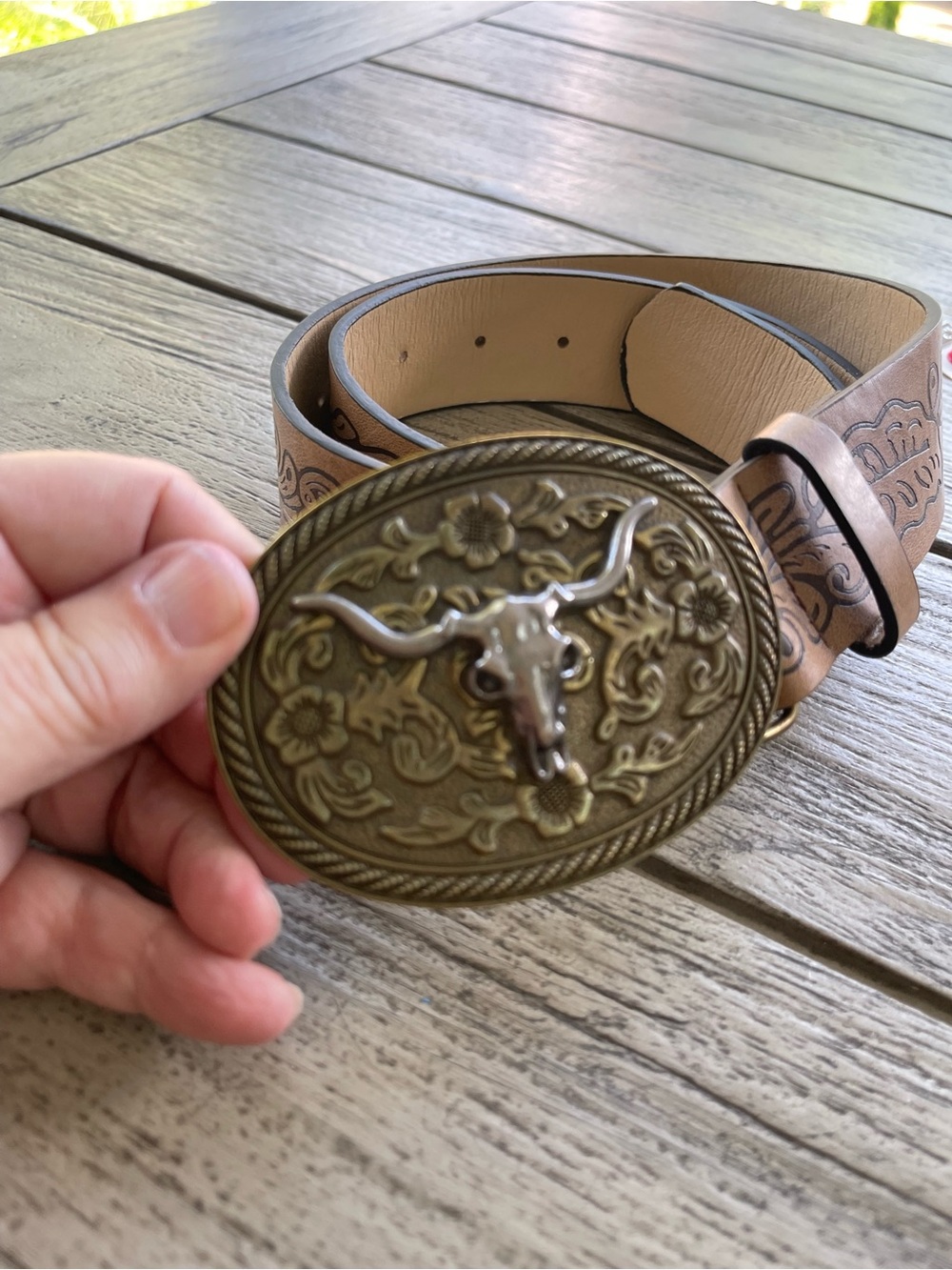 Western Tooled Faux Leather Belt with Decorative Longhorn Buckle - Brown